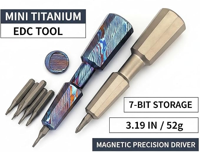 Mini Titanium EDC Pocket Screwdriver with 7 Bit Storage, 81mm / 3.19in Magnetic Precision Hex Driver Tool, Portable Polygon Everyday Carry Tool (Titanium Damascus)
