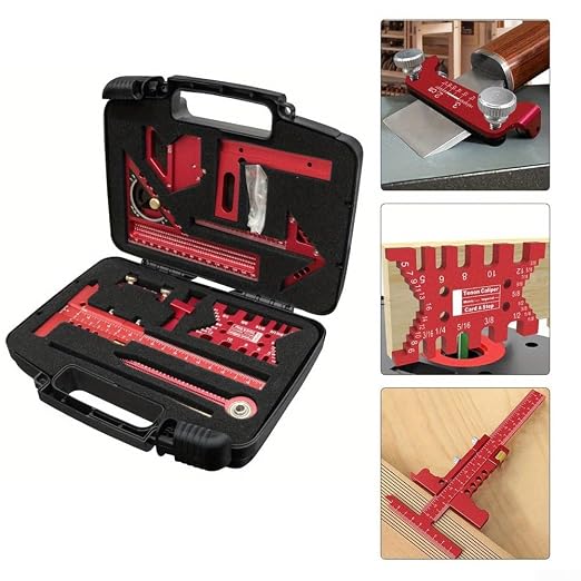 Aluminium Woodwork Measuring and Scribing Tool Set - 9 Piece Precision Kit for Carpentry and DIY Projects with Storage Box(10 Pieces.)