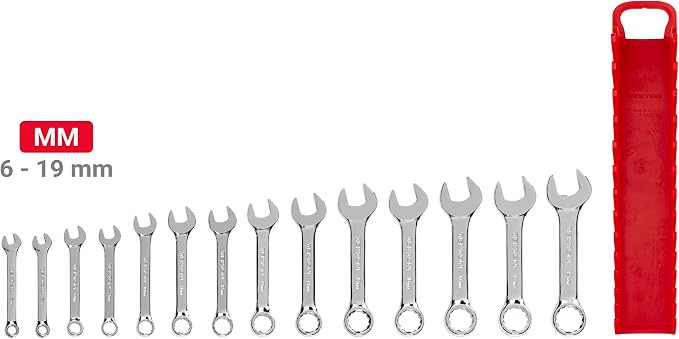 TEKTON Stubby Combination Wrench Set, 14-Piece | WCB92402 | (6 - 19 mm), Wrench Holder, Chrome Finish