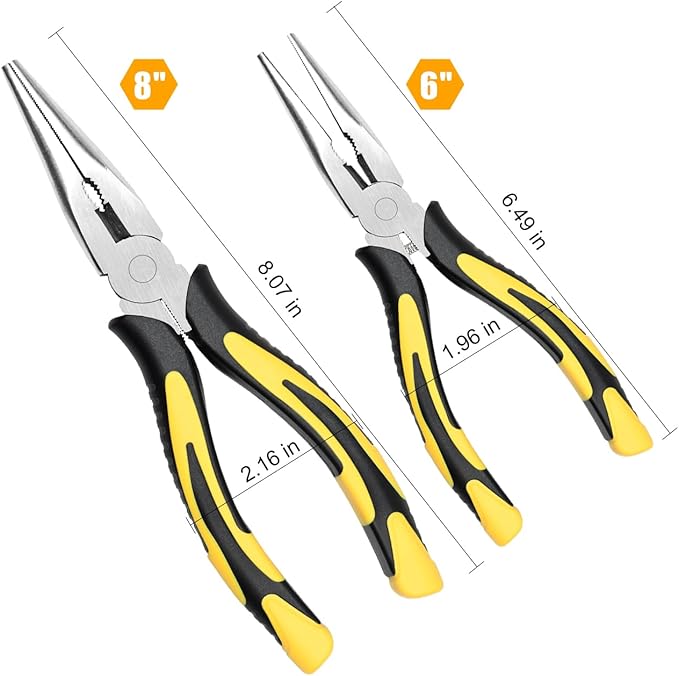 Premium Long Needle Nose Pliers-6''&8'', Paper Clamp Precision, High Carbon Steel, Soft Grip with Wire Cutter, Long Nose Cutting Pliers for Home, Fishing, Jewelry, Crafts,2pcs