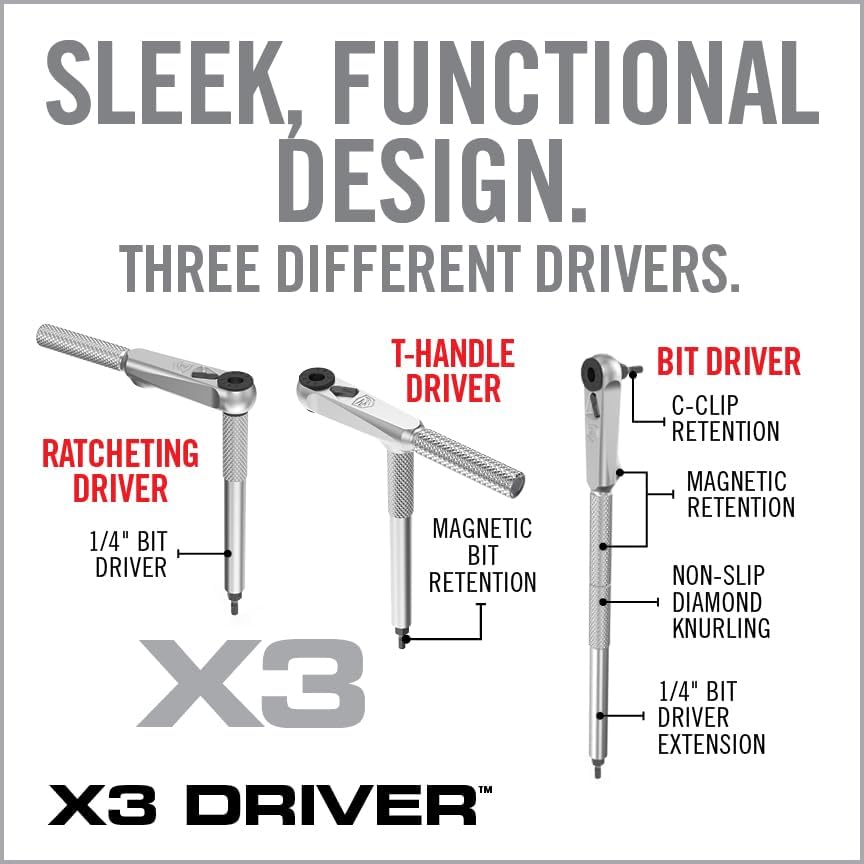 Real Avid Smart-Torq & X3 Driver Kit - Adjustable Limiter 15-65 In-Lbs, 3-in-1 X3 Driver Ratchet, T-Handle, Screwdriver, 12 Bits in a Compact Case