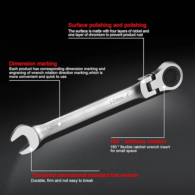 WISEUP Ratchet Wrench, 14mm Wrench with 180 ° Flex Head Ratchet | 2 in 1 Industrial Quality Mechanic Tools, Anti-slip Anti-bending Hand Tools
