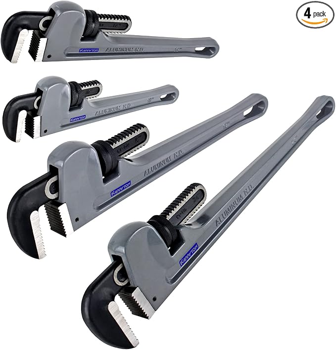 Aluminum Pipe Wrench Set, 10" 14" 18" 24"(4 Pack) Adjustable Straight Handle Plumbing Wrench Set, Heavy Duty Plumbers Tool with Drop Forged Jaw,Exceed the Standard GGG