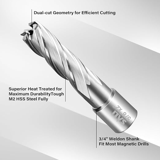 SALI 2 pcs Annular Cutter Diameter 1-1/8 Inch with Weldon Shank 3/4" (with 2 Flats) Cutting Depth 2" Mag Drill Bit for Magnetic Drill Press HSS Fully Ground Drill with One 1/4"*4" Pilot Pin