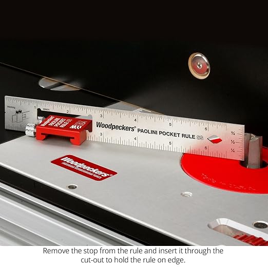 Woodpeckers Paolini Pocket Rule, Stainless Steel, 200mm, Metric Woodworking Ruler, Sliding Stop, Vertical End Scale, Scribing Notch, Engraved Scale