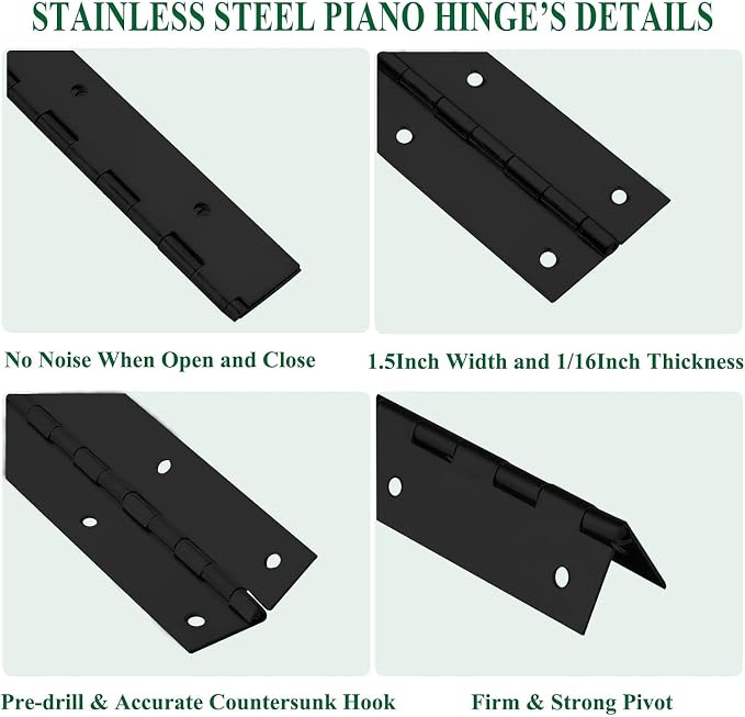 2Pack Heavy Duty Piano Hinge, 2" Open Width x 20" Continuous & Piano Hinges, 0.06” Thick Stainless Steel Piano Hinge with Holes, Black Stainless Furniture Hinges for Cabinet Door Cases Woodworking