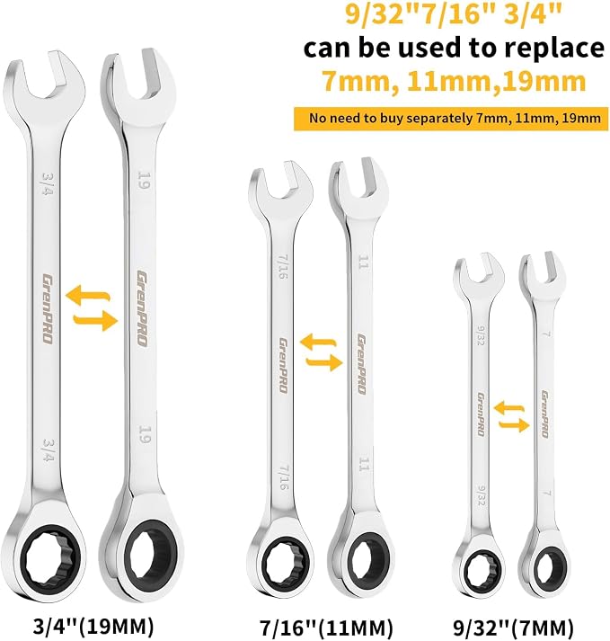 GRENPRO 23PCS Ratcheting Wrench Set Metric & SAE Combination Open End | 1/4"-3/4" & 6-18MM Bolt Gauge, CR-V Steel 72-Tooth 5-Degree Swing 12Pt, Roll Pouch For Auto &Home Repair, Corrosion Resistant