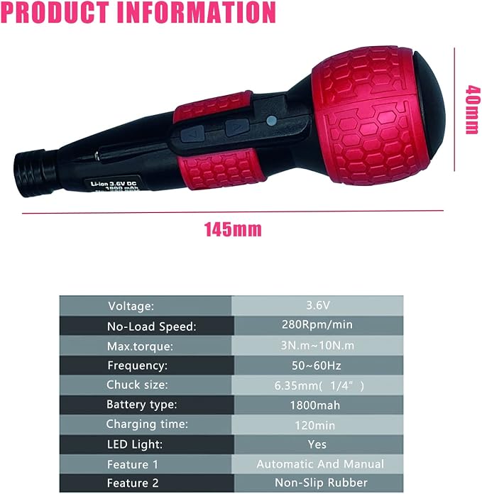 3.6V Cordless Electric Screwdriver Rechargeable portable Mini Rotary Home Gadget，Automatic Manual all in one with LED Light and USB-C Charging Cable RED