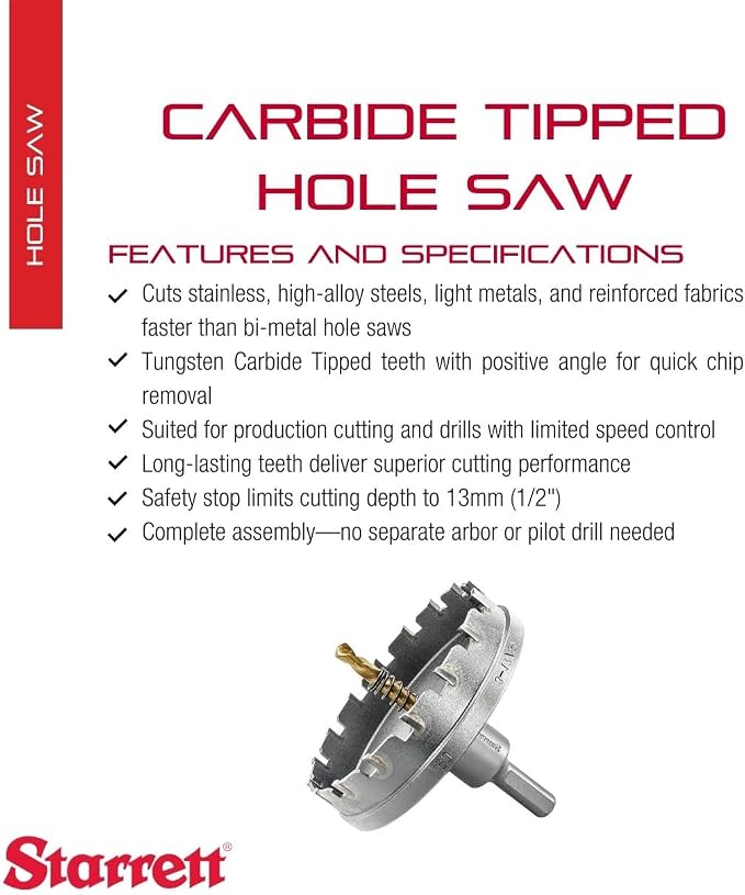 Starrett Tungsten Carbide Tipped Stainless Steel Sheet Metal Hole Saw - Ideal for Stainless, High Alloy Steel, Non-Ferrous Metals, Reinforced Fabrics - 3-17/32'' Diameter - SM90