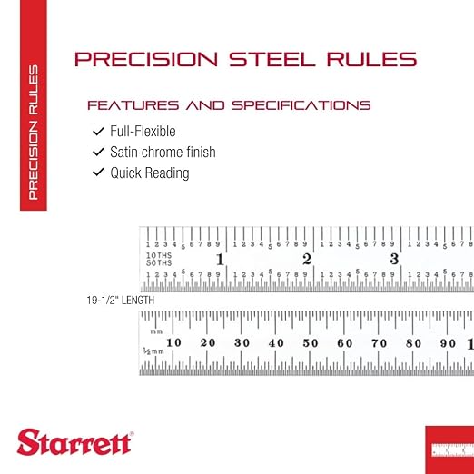 Starrett Full Flexible Steel Rule with Satin Chrome Finish, Quick Reading, Millimeter and Inch Graduation - 34 Graduation, 19-1/2" Length, 0.5mm Thickness - C334-500