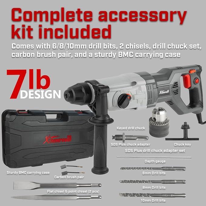 XtremepowerUS 800W SDS-Plus Electric Rotary Hammer Drill Demolition Chiseling & Drilling Bits Set 4 Functions Corded Variable Speed for Concrete, Includes 3 Drill Bits, 2 Chisels, Case