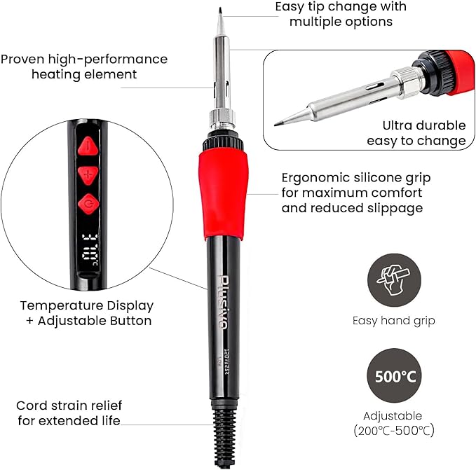 Soldering Iron Kit, 60W Digital LED Display Solder Pen, 5-in-1 Fast Heating with Solder Wire, Flux Rosin Paste, Mini Stand, Sponge for Electronics Repair Hobby DIY 120V from Plusivo