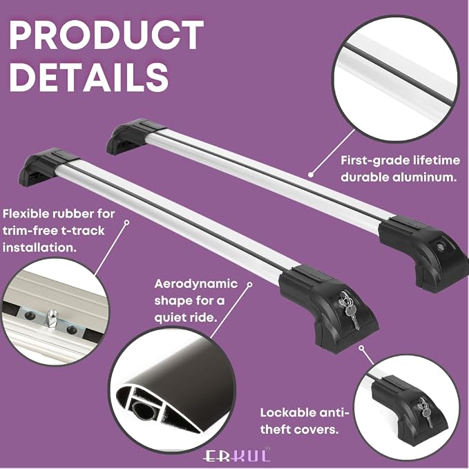 ERKUL Heavy Duty 220lb Roof Rack Cross Bars for 2023-2026 Kia Sportage SX- Hybrid EX | Solid Metal Mounts | Aluminum Crossbars with Anti Theft Lock for Rooftop - Compatible with Flush Rails - Silver