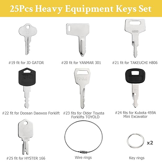 25 Heavy Equipment Keys, Master Key Set for Cat Caterpillar John Deere Case Bobcat JLG JCB Volvo Hyster Ford New Holland Yanmar Takeuchi Kubota Komatsu Construction Heavy Equipment Machine