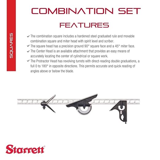 Starrett Combination Set with Square, Center and Reversible Protractor Head and Blade - 24" Blade Length, Forged and Hardened Steel Heads, 4R Graduation Type - 434-24-4R