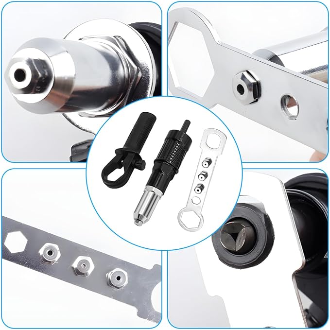 Car Pop Rivet Gun Adapter Kit, Cordless Vehicle Electric Riveter Drill Attachment with 4 Rivet Head, Automotive Power Drill Adapter Tool Kit, Universal for Most Vehicles