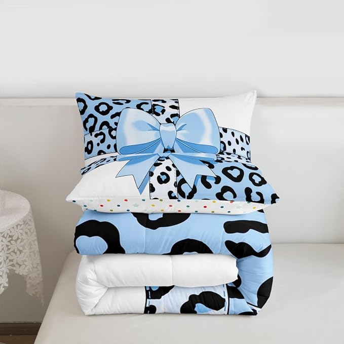 Feelyou Leopard Print Kids Comforter Set Full Size Blue Leopard Bow Bedding Set Animal Fur Duvet Quilt for Kids Boys Girls Bedroom Decor Microfiber Ultra Soft Breathable