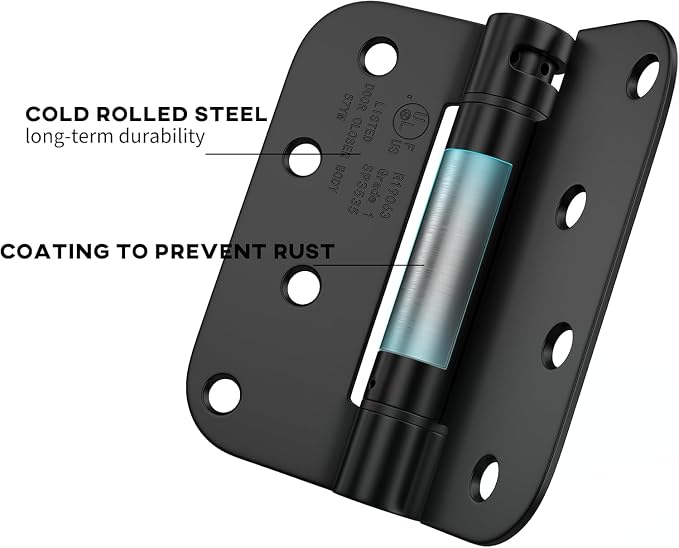 goldenwarm 6 Pack Black Self Closing Door Hinges with 5/8'' Radius Corners - Adjustable Tension Soft Close Hinges for Interior/Exterior Doors, Heavy Duty 4 Inch Hinges with Durable & Quiet Closure
