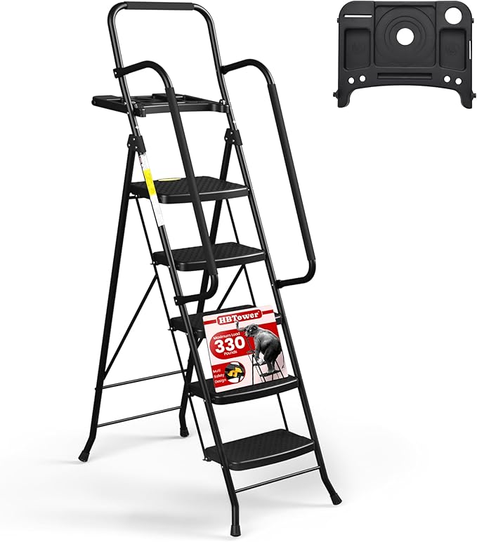 HBTower 5 StepLadder, FoldingStepStool +$40 PrePaid Virtual VISA® with Wide Anti-Slip Pedal, Sturdy Steel Ladder, Convenient Handrail, Light-weight, Portable Steel Step Stool