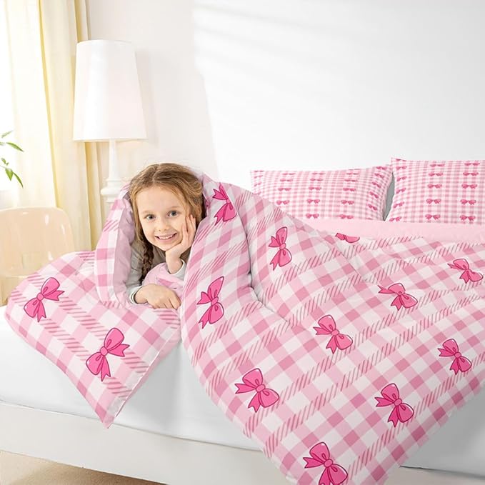 Feelyou Pink Grid Bowknot Comforter Set All Season Bow Checkered Bedding Set with 2 Pillow Cases Princess Microfiber Kids Full Bedclothes Bedroom Decor Duvet Quilt Breathable Soft Lightweight