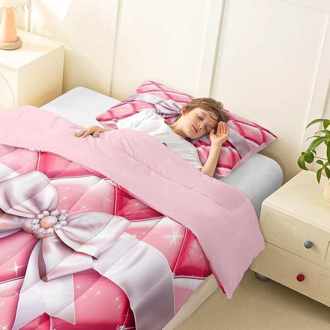 Feelyou Bow Comforter Set All Season Geometry Bowknot Bedding Set with 1 Pillow Cases Glitter Microfiber Kids Toddler Bedclothes Bedroom Decor Duvet Quilt Breathable Soft Lightweight