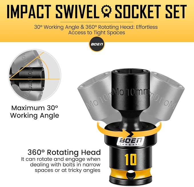BOEN 12-Piece 1/4" Drive Metric Impact Swivel Socket Set (5-15mm), 6-Point Shallow Wobble Sockets, Cr-Mo Steel, Includes Storage Rail