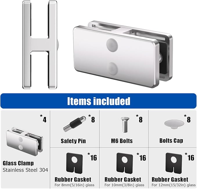 Railing Glass Clamp, 4 Pack Stainless Steel 304 Adjustable 180° Clips for Frameless Railing, Staircase, Balcony, Corner Brackets, Glass Holder Perfect for Balusters, and Railing Systems