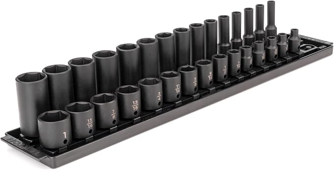 TEKTON 3/8 Inch Impact Socket Set, 30-Piece | SID91210 | (1/4 - 1 in.), Shallow and Deep, 6-Point, Socket Rail