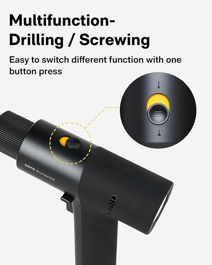 HOTO Cordless Brushless Drill 12V, LED Display Screen, 30 Precision Gears, 2 Working Modes, 2000mAh Battery, 266 In-lbs (30N·m) Torque, 3/8 Inch Keyless Chuck, 1400RPM, 10 x Bits, 8 x Drill Bits