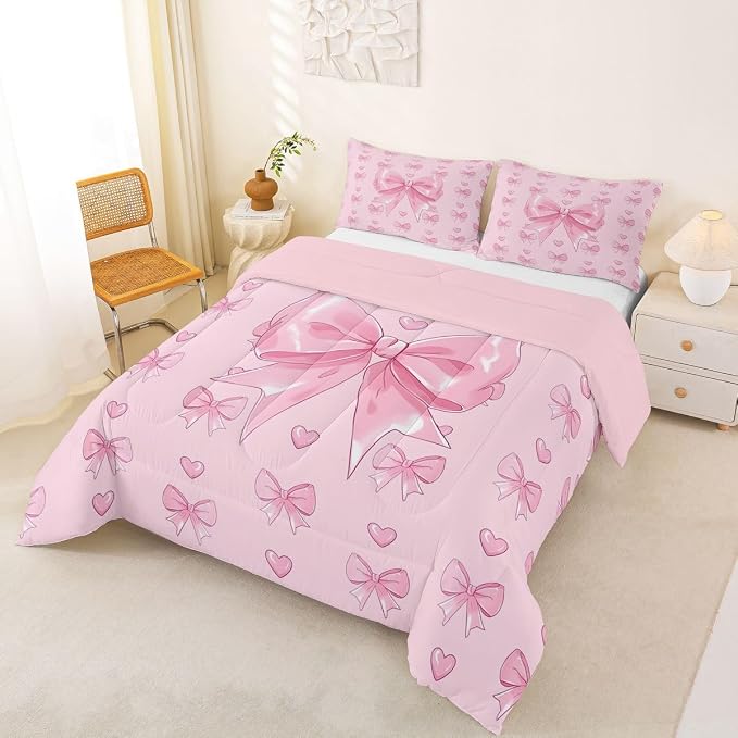 Feelyou Cute Pink Bowknot Comforter Set Full Size Love Hearts Bow Bedding Set for Kids Boys Girls Princess Bow Duvet Quilt Bedroom Decor Microfiber 3 Pcs with 2 Pillow Cases