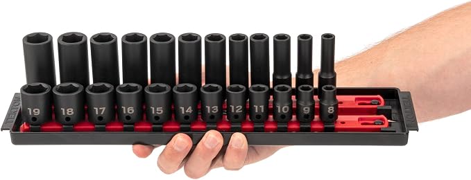 TEKTON 3/8 Inch Impact Socket Set, 24-Piece | SID91209 | (8 - 19 mm), Shallow and Deep, 6-Point, Socket Rail