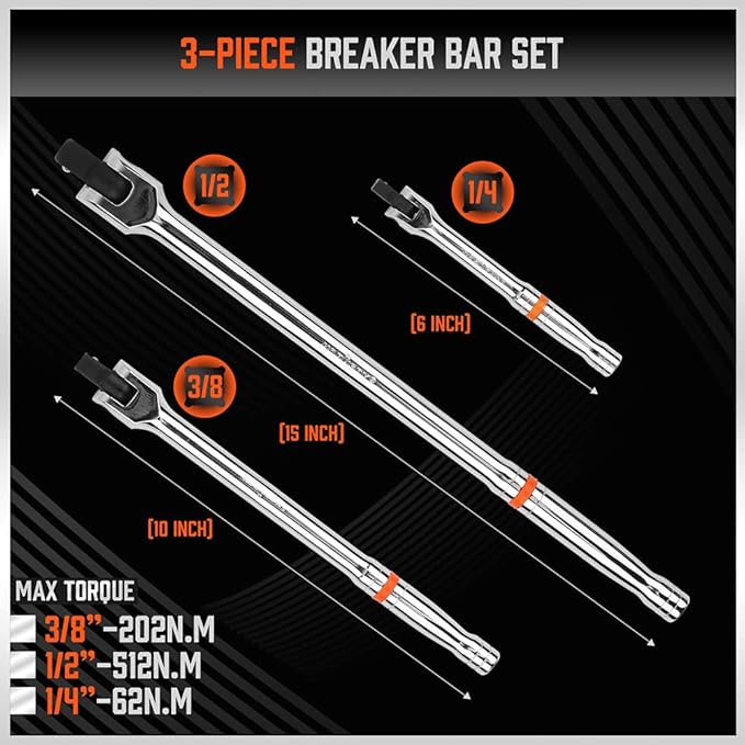 HORUSDY 3-Piece Breaker Bar Set with 180° Rotatable Head, 1/4'', 3/8'' and 1/2'' Drive, 6'', 10'', 15'' Length, Heavy Duty Breaker Bars with Chrome Vanadium Steel