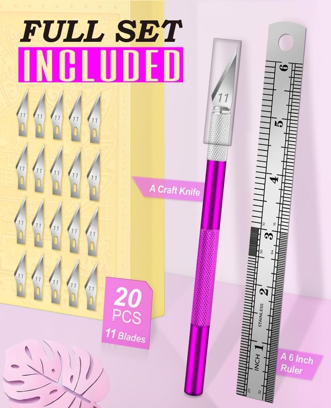 DIYSELF Exacto Knife Set, Hobby Knife Kit with 20PCS #11 Blades, Precision Knives, Aluminum Handle, 6-Inch Steel Ruler, Craft Knife Set for Crafting, DIY, Art, Model Making(Purple)