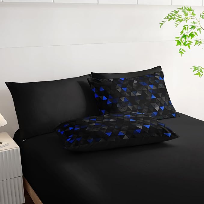 Nttopship Geometric Blue Black Triangle King Size Comforter Set,Light Honeycomb Bedding Set 7 Piece in A Bag,Bed Sheet Set Geometry Decor,Microfiber Lightweight All Season