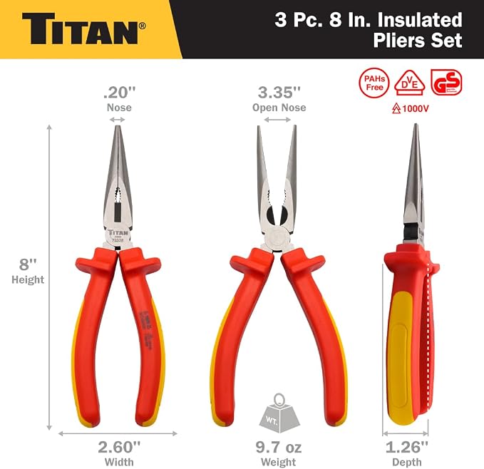 Titan 73349 3-Piece VDE Insulated Pliers Set, Includes 8-Inch Combination, Long Nose, and Diagonal Plier