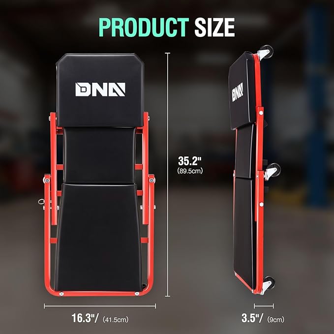 ‎DNA MOTORING TOOLS-00184 36 Inches 2 IN 1 Rolling Folding Car Creeper/Seat, 6 Pcs 2" Casters, 150kg Weight Capacity, Red
