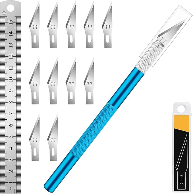 DIYSELF Craft Knife with 10 Extra #11 Blades, Precision Hobby Knife Set with Steel Ruler, Exacto Knife for Crafting, Polymer Clay, Pottery, Paper, Vinyl, Stencil & Model Making (Blue)
