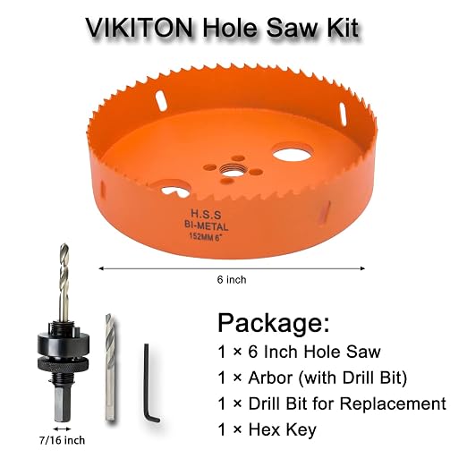 6 Inch Hole Saw with Arbor for Metal Wood and Plastic Cutting, 152mm Bi-Metal Hole Cutter for Different Project with Smooth and Flat Drilling Edge, Fast Chip Removal, Handy Hole Saw Kit Set