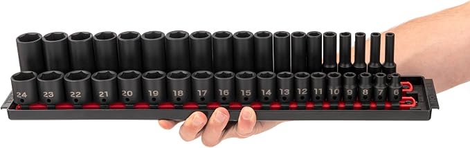 TEKTON 3/8 Inch Impact Socket Set, 38-Piece | SID91211 | (6 - 24 mm), Shallow and Deep, 6-Point, Socket Rail