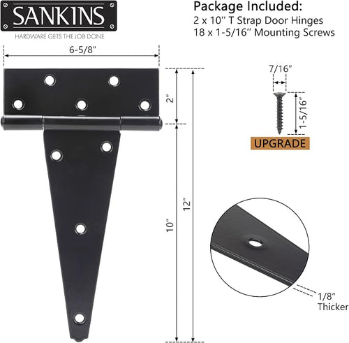 10 Inch T-Strap Shed Door Hinges Heavy Duty, Black Tee Hinge for Wooden Fences, Yard Door, Barn Door Gates, Wrought Hardware Rustproof, 2PCS