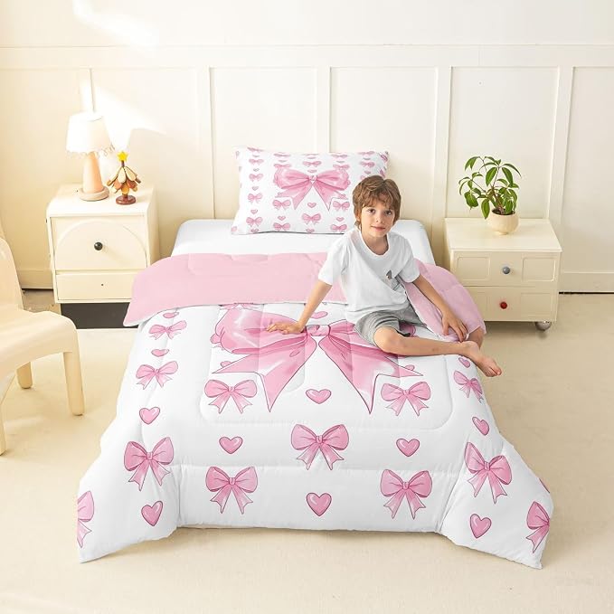 Feelyou Cute Pink Bow Bedding Set Soft for Boys Girls, Love Hearts Bowknot Comforter Set Twin Size Duvet Quilt Microfiber Bedroom Decor 2 Pcs with 1 Pillow Cases