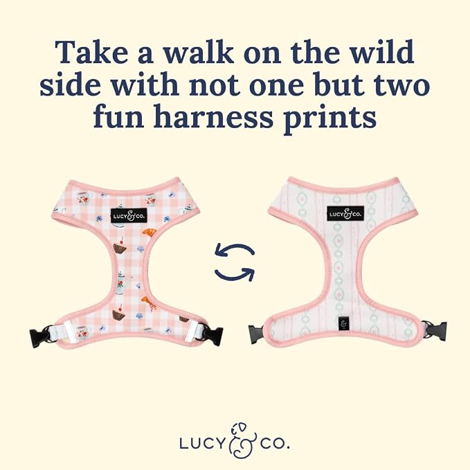 Lucy & Co. Reversible Dog Harness - Water-Repellent Neoprene, Dual-Print Design, Easy Swap Style, Adjustable Comfort Fit - Sipping Slowly Reversible Harness - Medium