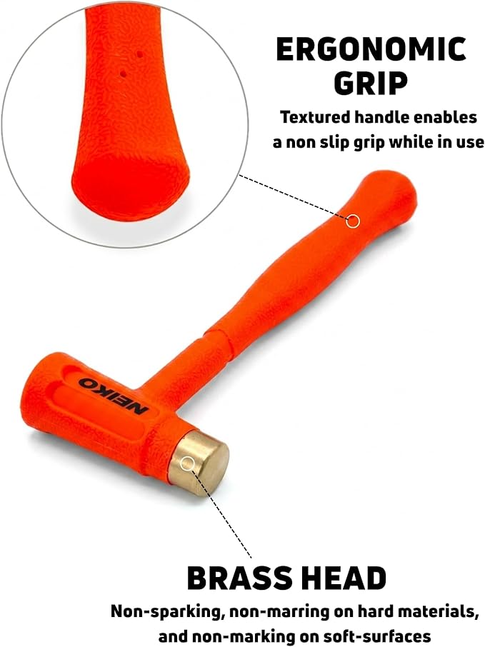 NEIKO 02870A Dead Blow Hammer With Brass Cap, 0.75 Pounds, Neon Orange Deadblow Hammers, Mallet, Spark and Rebound Resistant, Unibody Molded, Soft Blow Rubber, Non Slip Grip, Steel Shot and Core