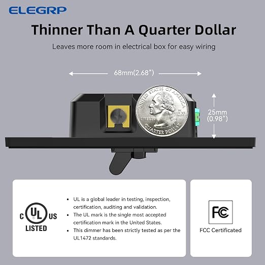 ELEGRP Digital Dimmer Switch for LED/CFL, Toggle Dimmer Switch with Decorative Frameless Design Wallplate, Single Pole/3-Way, UL Listed, 10 Pack, Black