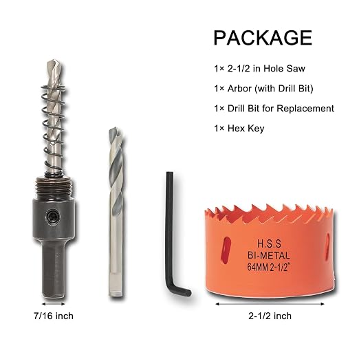 2.5 inch Hole Saw with Arbor for Metal Wood Plastic, 2-1/2 in Bimetal Hole Cutter for Different Project with Smooth and Flat Drilling Edge, Fast Chip Removal