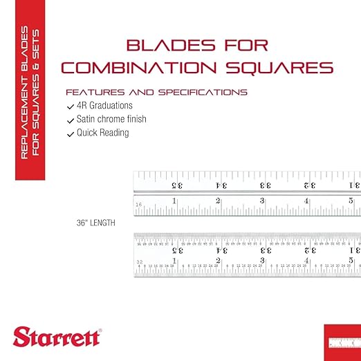 Starrett Blade Only for Combination Squares, Sets and Bevel Protractors - Ideal for Woodworking and Metalworking - 36" Length, Satin Chrome Finish, 4R Graduation - CB36-4R