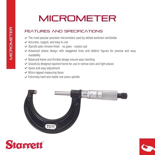 Starrett Outside Micrometer with One-Piece Spindle, Satin Chrome Finish and Tapered Frame - Quick and Easy Adjustment, 1-2"Range, .0001" Graduation - T436.1XRL-2