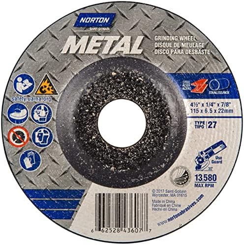 Norton Metal Depressed Center Abrasive Wheel, Type 27, Aluminum Oxide, 7/8" Arbor, 4-1/2" Diameter x 1/4" Thickness (Pack of 25)