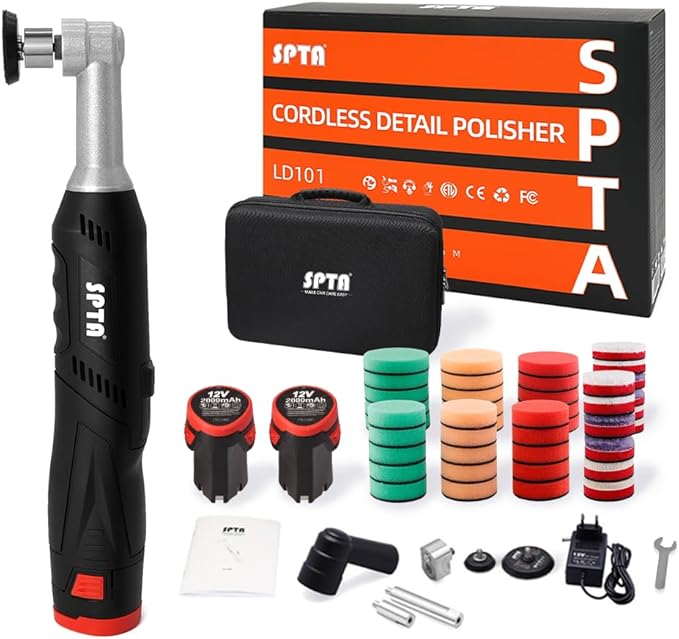 SPTA Cordless Mini Car Polisher, 12V Micro Cordless Scratches Killer Car Polisher RO/DA Mini Car Polisher for polishing, Sanding and Cleaning