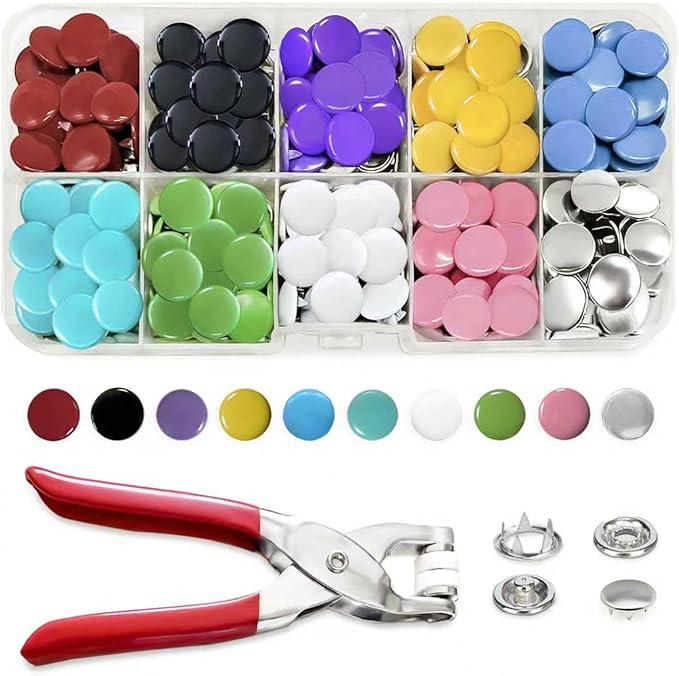 300 Sets Metal Snap Buttons with Fastener Pliers Press Tool Kit, 10 Colors Solid Sewing Snaps for Fabric,Prong Snap Button Kits for DIY Crafting Clothing Sewing (9.5mm / 1200 PCS)